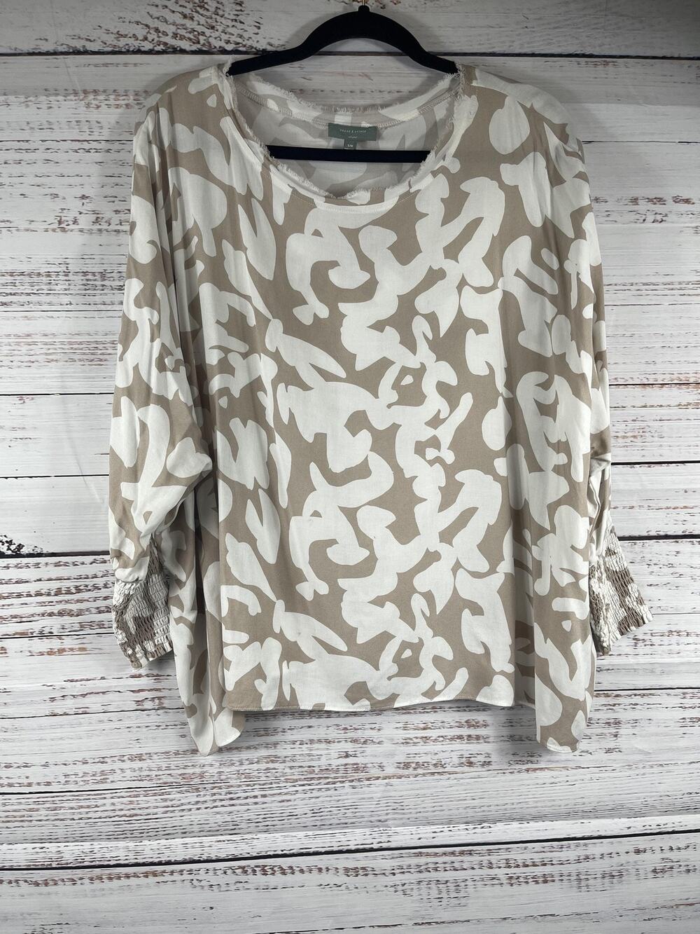 Grade & Gather Blouse Womens S Beige Camo Scoop Neck Balloon Sleeve Tunic Top